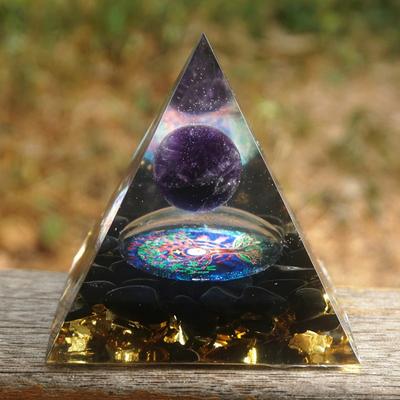 Handmade Magic Orgonite Pyramid 60mm Amethyst Crystal Sphere with Obsidian Natural Cristal Stone Orgone Energy Healing Reiki Chakra Multiplier