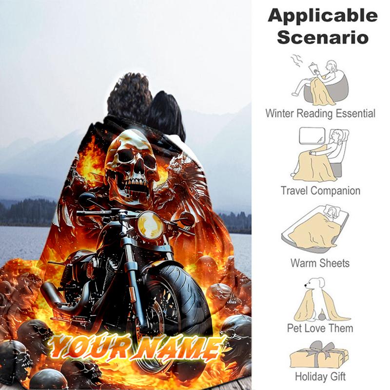 1PC Custom Name Biker Spirit: Fire Wings flannel blanket versatile,all-season throw suitable for the living room,bedroom,camping,travel,and gift