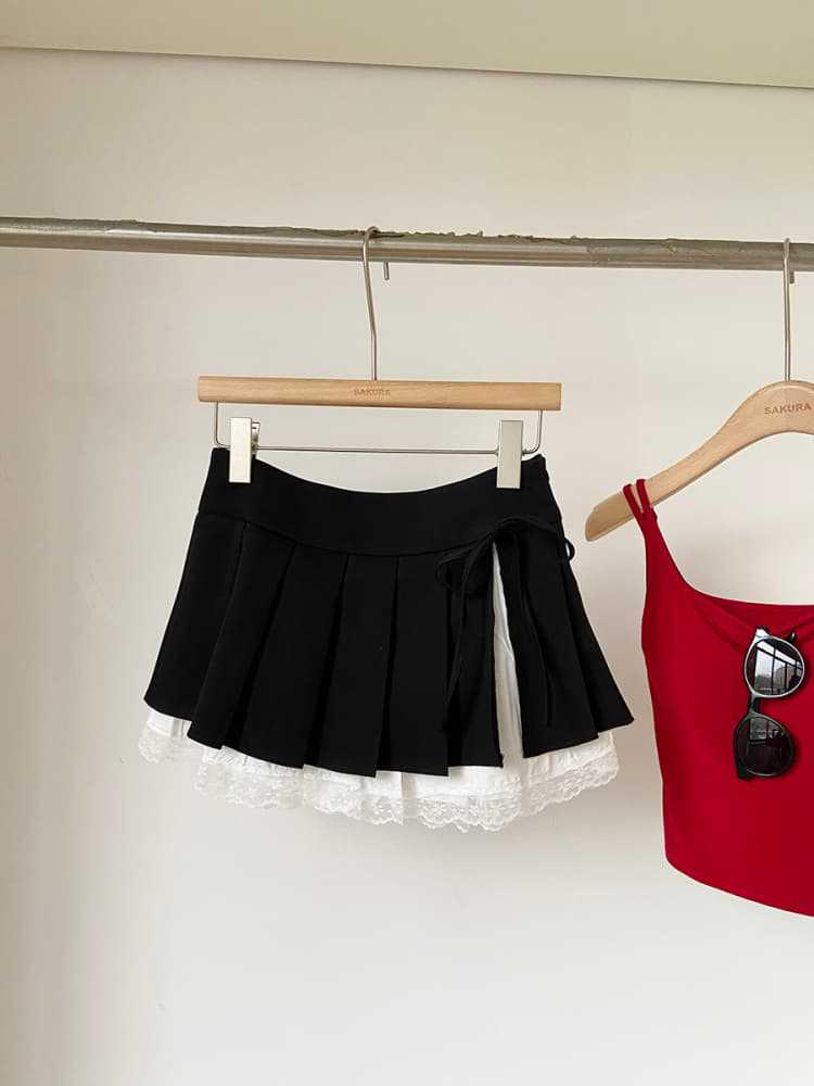 Pure Desire Women's Lace Patchwork A-line Pleated Skirt with Bow - New Autumn Collection, Hot Girl Style Short Skirt Pants