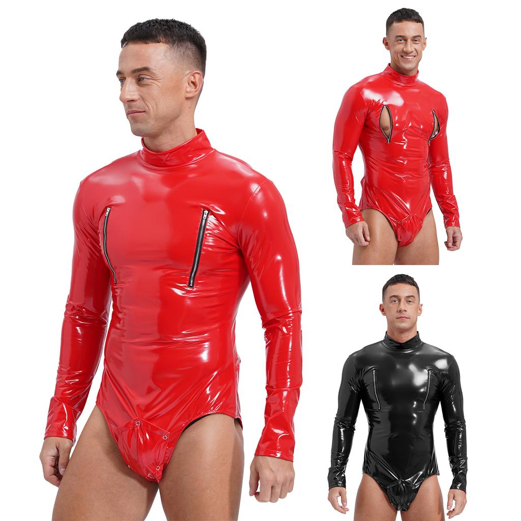 Glänzender Catsuit für Herren, sexy, mit Reißverschluss und offenem Schritt, glänzender Leder-Bodysuit aus Latex, Turnanzug, Jumpsuits, Clubwear, Pole Dance Show