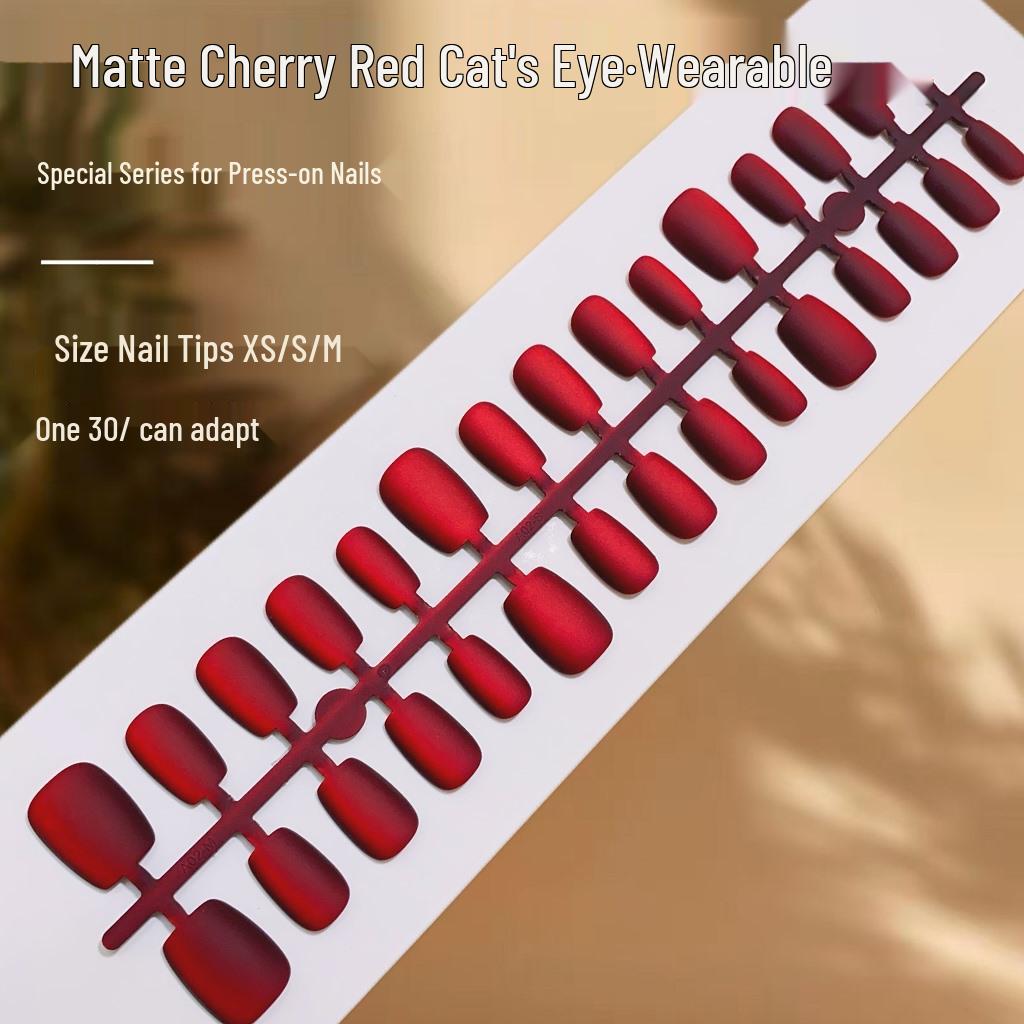 

Matte Cherry Red Cat Eye Wearable False Nails - High-End Finished Nail Pieces