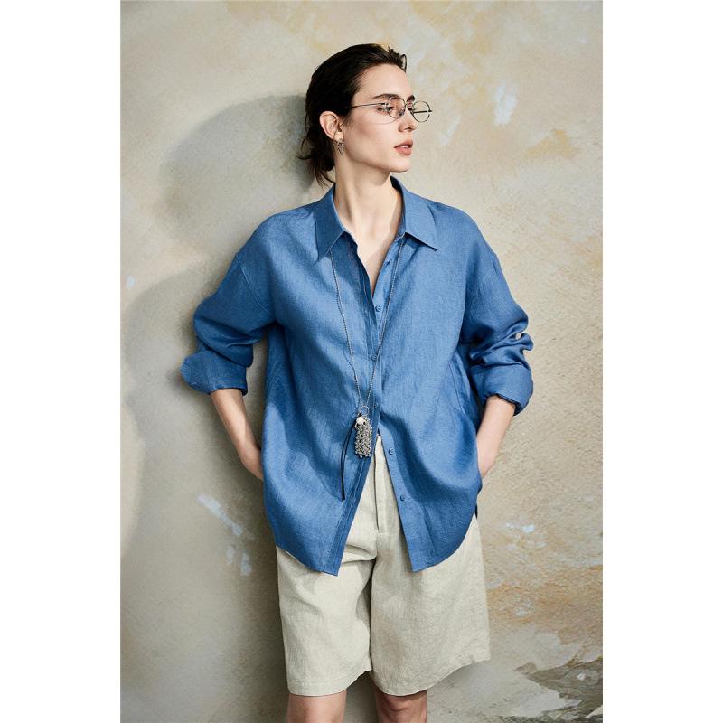 

Женская голубая льняная рубашка - 2025 Весна/Лето Свободная блузка, Слой для кондиционирования воздуха, Классическая тонкая куртка, Повседневный трендовый топ Large синий