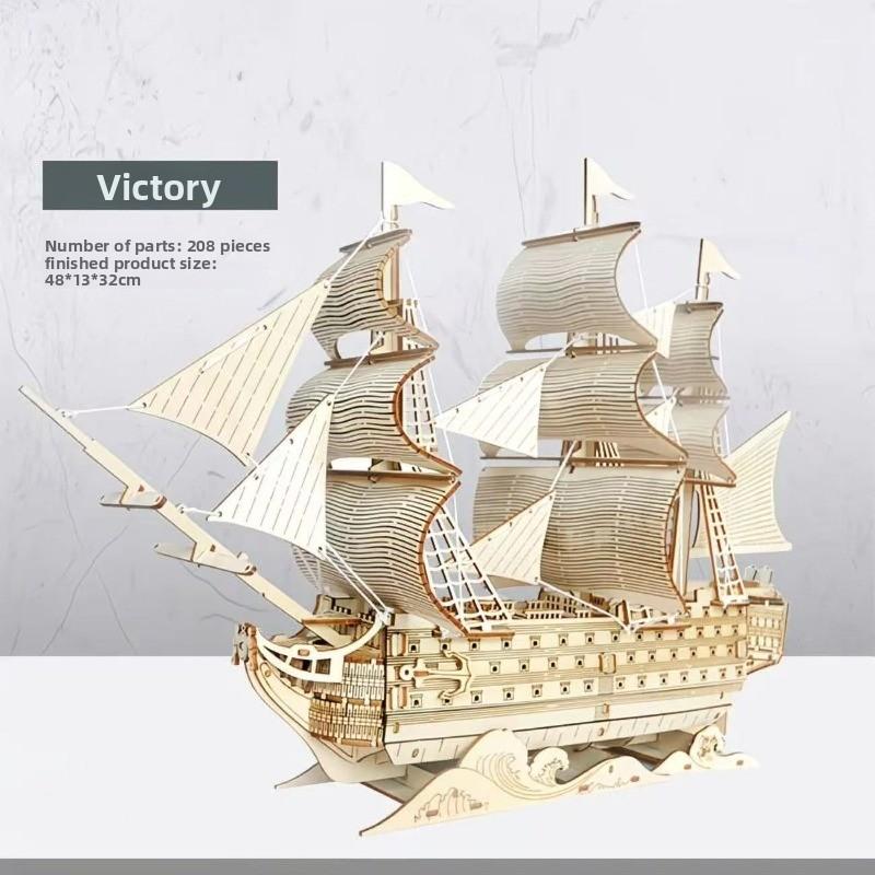 Children's Wooden Ship Model Assembled Toy Jigsaw Puzzle 3d Three-dimensional Educational Sailboat Model Parent-child Manual.
