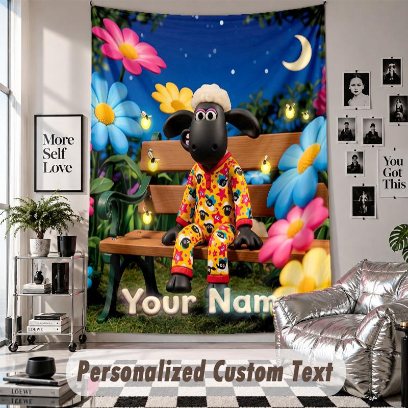 Wall Hanging Tapestry With Custom Name & Text, Shaun the Sheep Decorative Tapestry For Bedroom