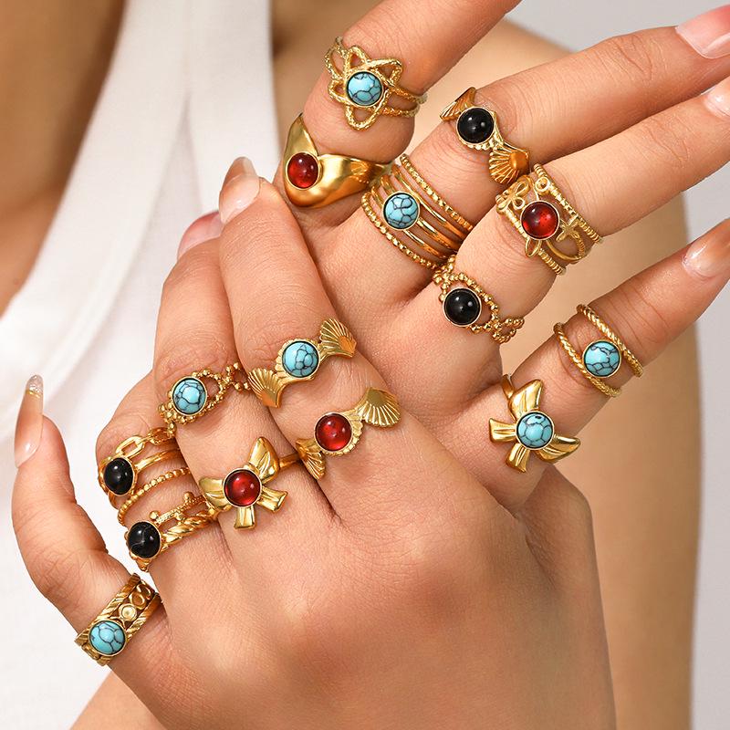 Boho Mehrfarbiger Türkis Edelstahl Offener Ring, Umweltfreundlich & Lichtecht, Schlichtes Titanstahl Design für Damen