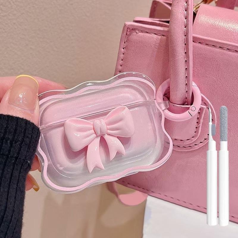 For AirPods Pro3 4 3 2 1 Pro Cute Wave Case Girly 3D Pink Bow Soft TPU Kawaii Generation Cover with Kit Keychain Women Girls