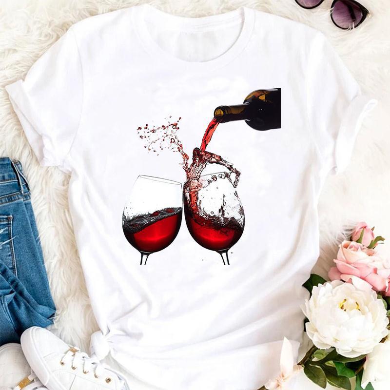 Womens Fashion Wine Glass Print Trendy Womens Base Layer Halfsleeved Womens Wear Shortsleeved Women Tshirt for Summer