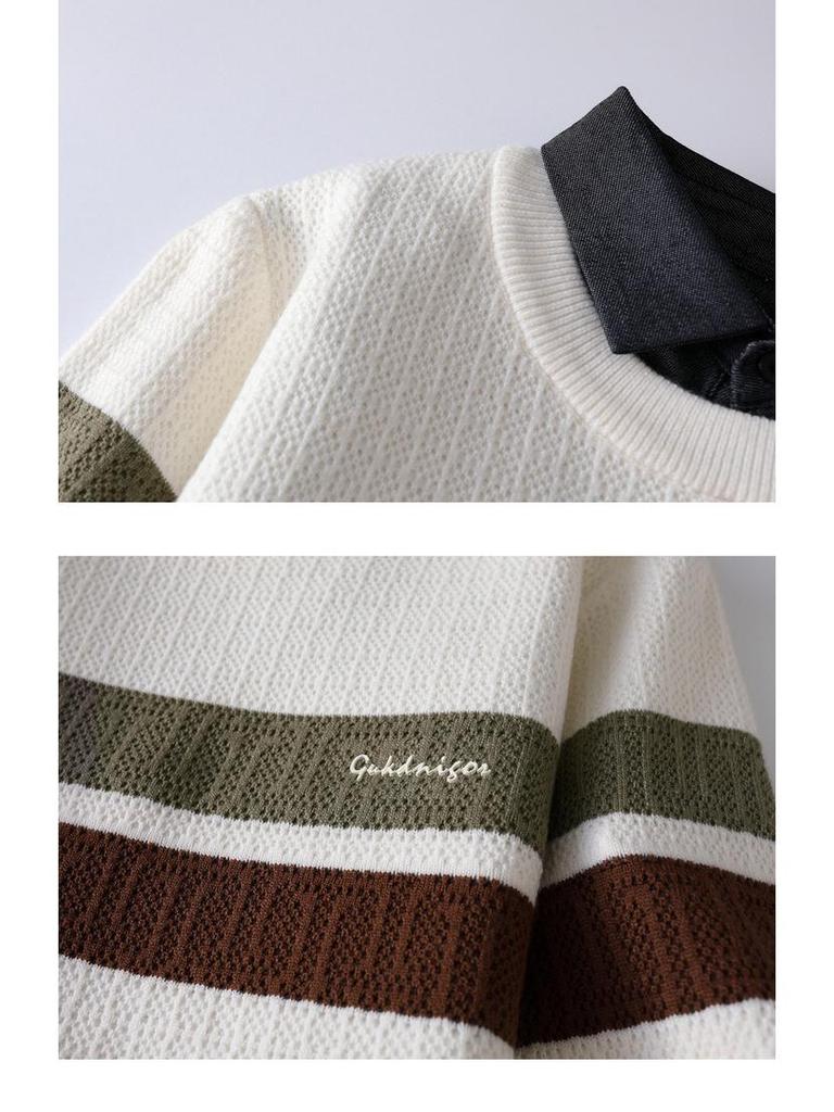 Stylish Men's Faux Two-Piece Sweater with Shirt Collar, Velvet Lining, and Knitted Wool for Autumn and Winter Warmth