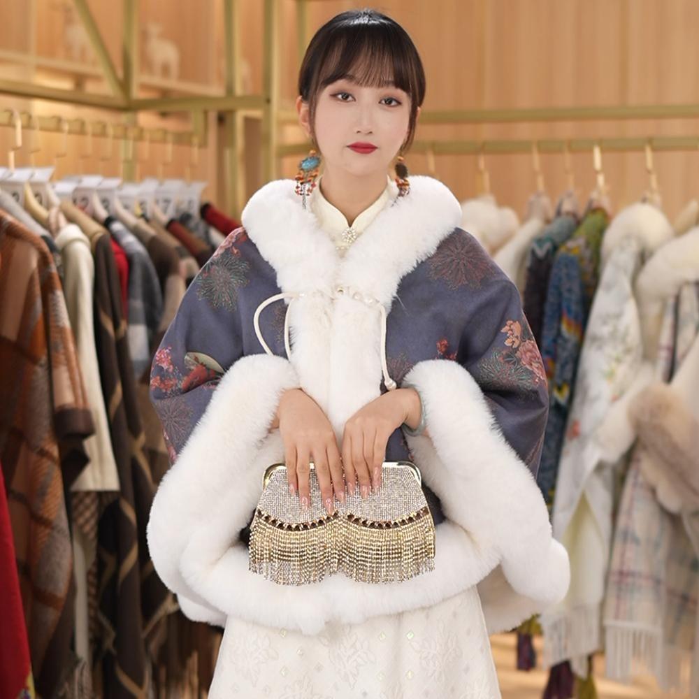 Small Cape Shawl Jacket Women'S Short Printed Velvet Thickened Rex Rabbit Hair Collar Sleeveless Cheongsam Wedding Dress