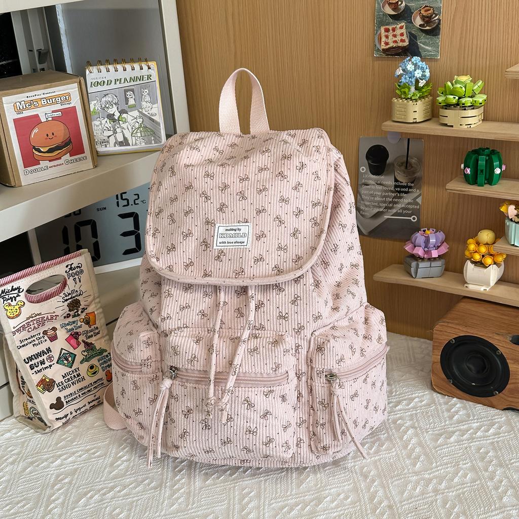 Schoolbag Corduroy Korean Simple Mini Backpack Female Sweet Student Versatile Lightweight Drawstring Commuter Small Backpack