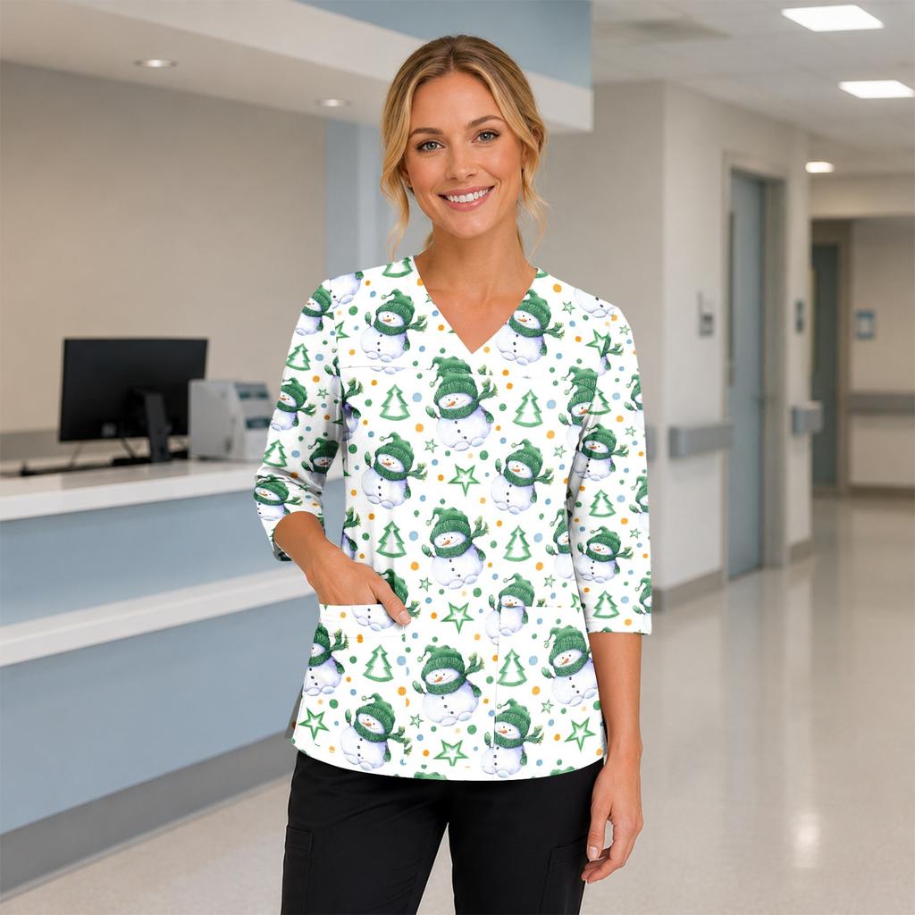 Women's Christmas Print V-Neck Work -Quarter Sleeve Caregiver Uniform Scrub Tunic