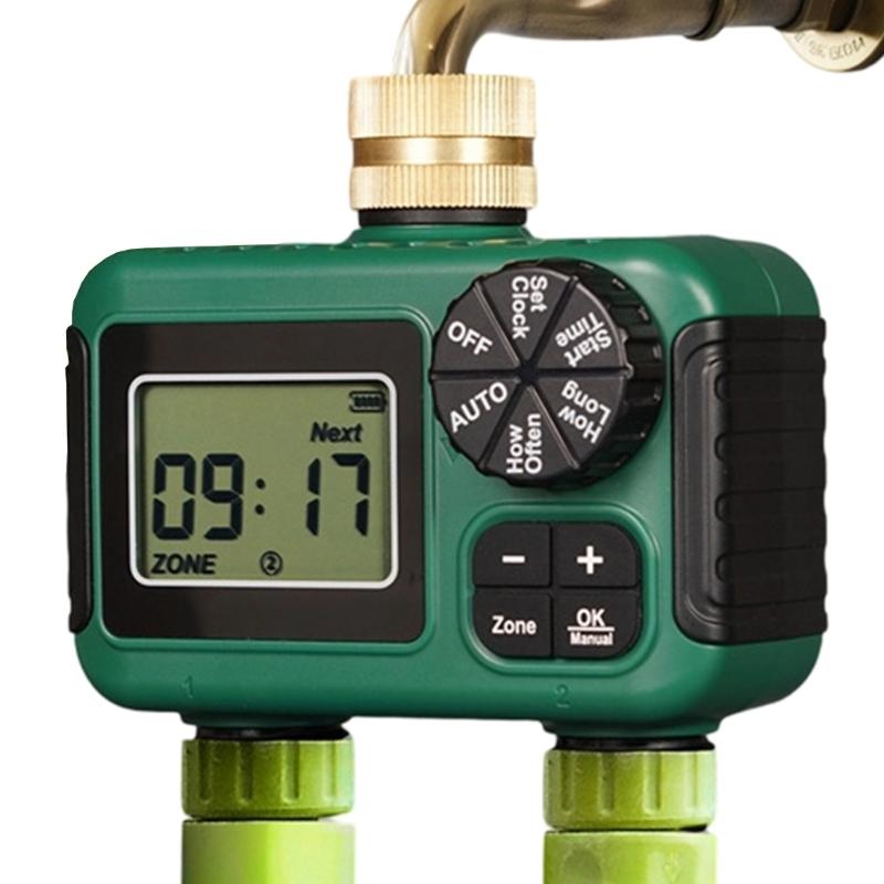 Robust Vattentät Dubbelzons Trädgårdsvattningstimer Mässingsinlopp Automatisk Sprinklerkontroller Med LCD-skärm