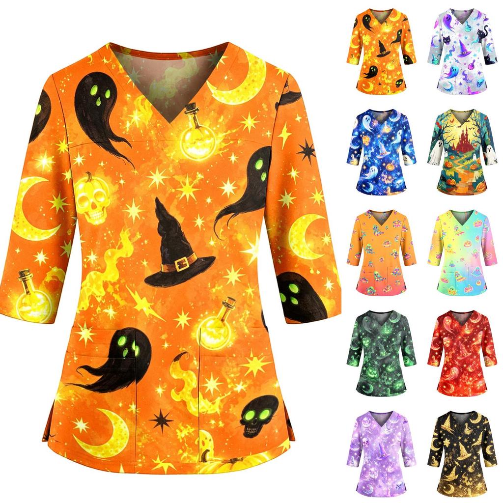 Women's Halloween Costume V-Neck with Pocket Side Slit 3/4 Sleeve Top