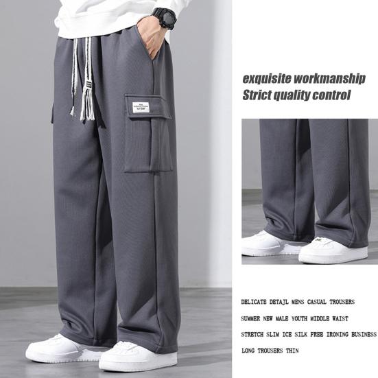 Fall Spring Men Pants Drawstring Elastic Waist Solid Color Multi Pockets Loose Plus Size Straight Wide Leg Sport Trousers Daily Wear Casual Sweatpants