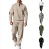 Men's Vertical Stripe Long Pants and Jacquard Stand Collar Sweatshirt Casual Sportswear Set with Buttoned Neckline and Elastic Waistband