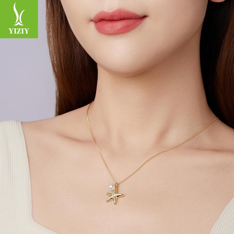 Starfish Pearl Pendant Necklace S925 Sterling Silver-Plated K Gold Summer Casual Wind Necklace Collarbone Chain