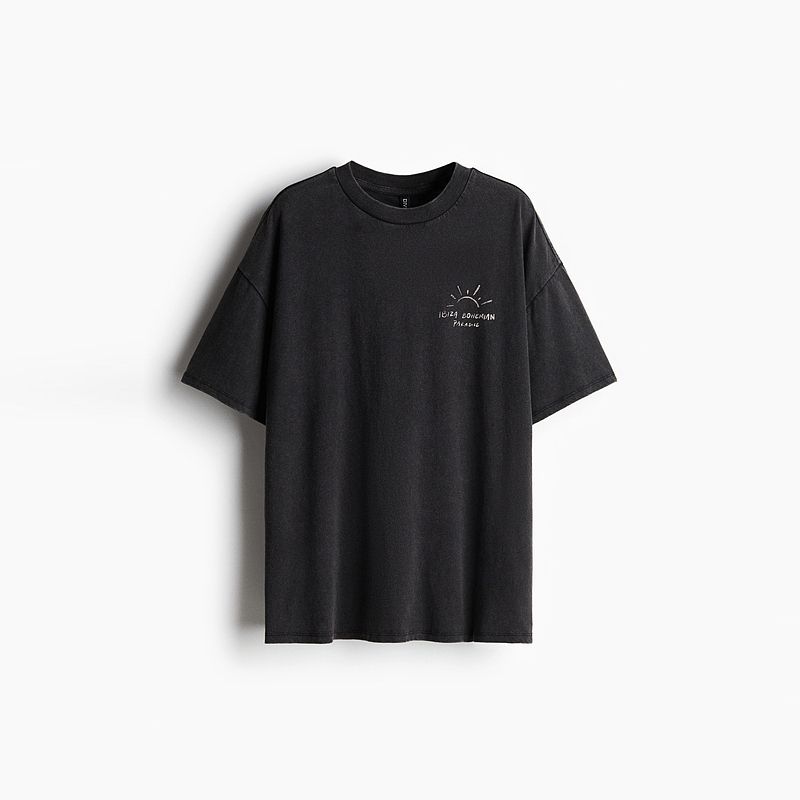 

HM Women s T-shirt 2025 Summer New Arrival American Print Loose round Neck Pattern Short Sleeve Tops 1259422 Washed Black/Ibiza 150/76