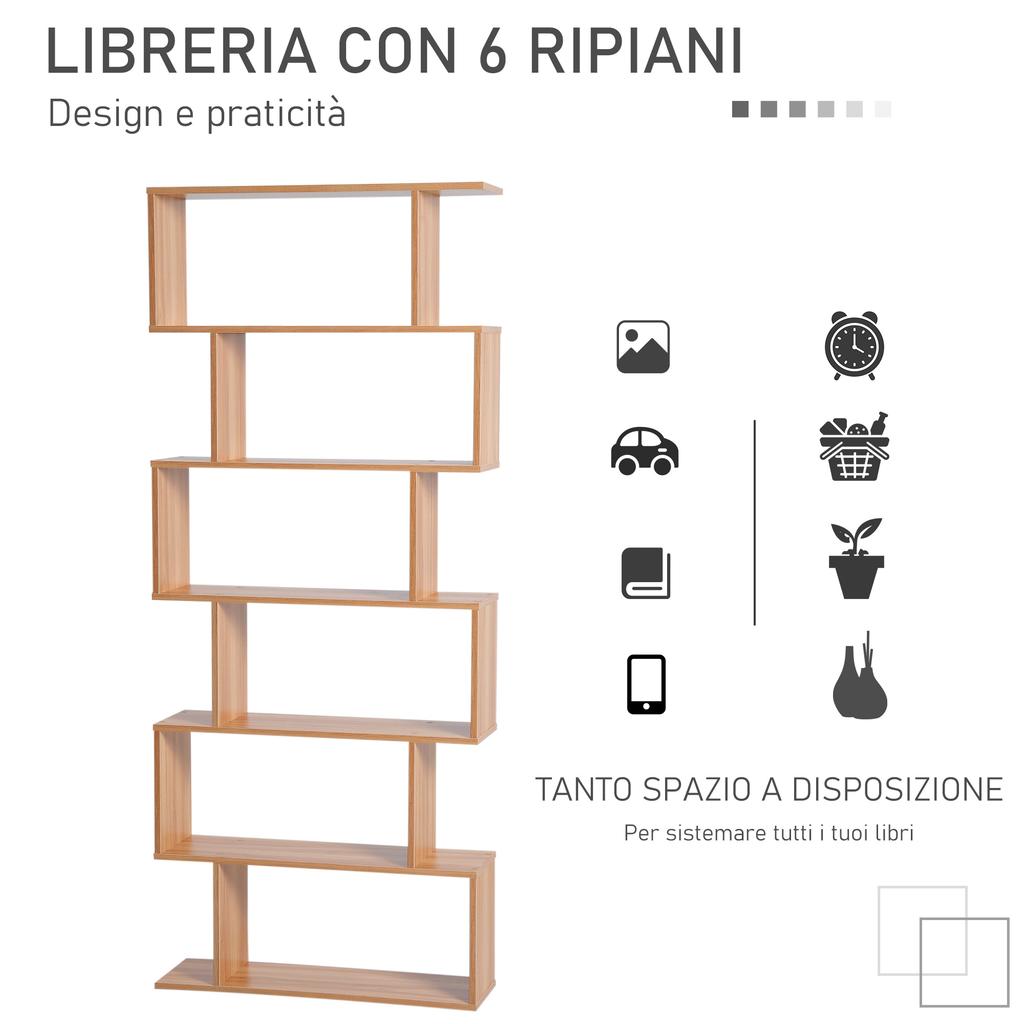 Libreria, Libreria S-Shaped a 6 Ripiani, Unità di Archiviazione, Scaffale Espositore per Soggiorno, Camera da Letto, Studio, Piante, Acero