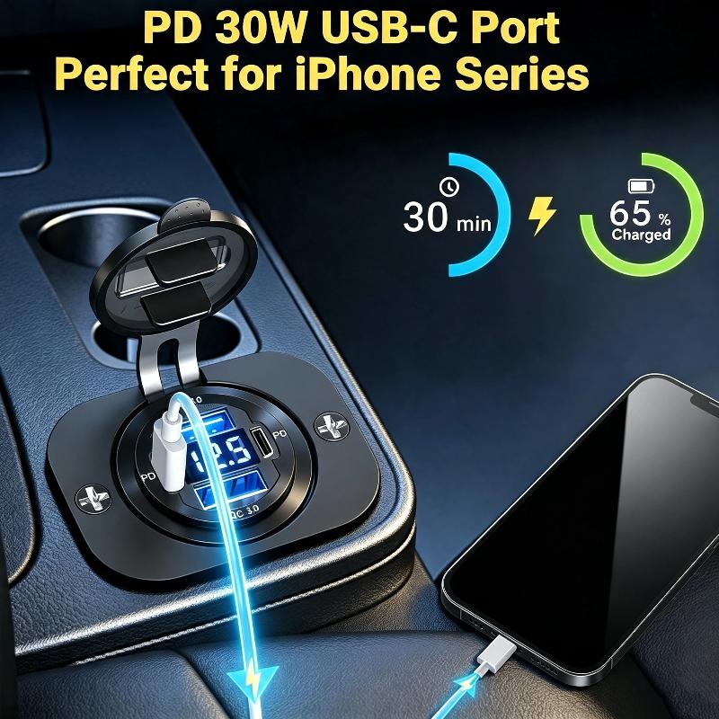 117W Dual Pd Dual Qc 3.0 Usb Car Charger Voltmeter Power Adapter Waterproof For 12V 24V Car Boat