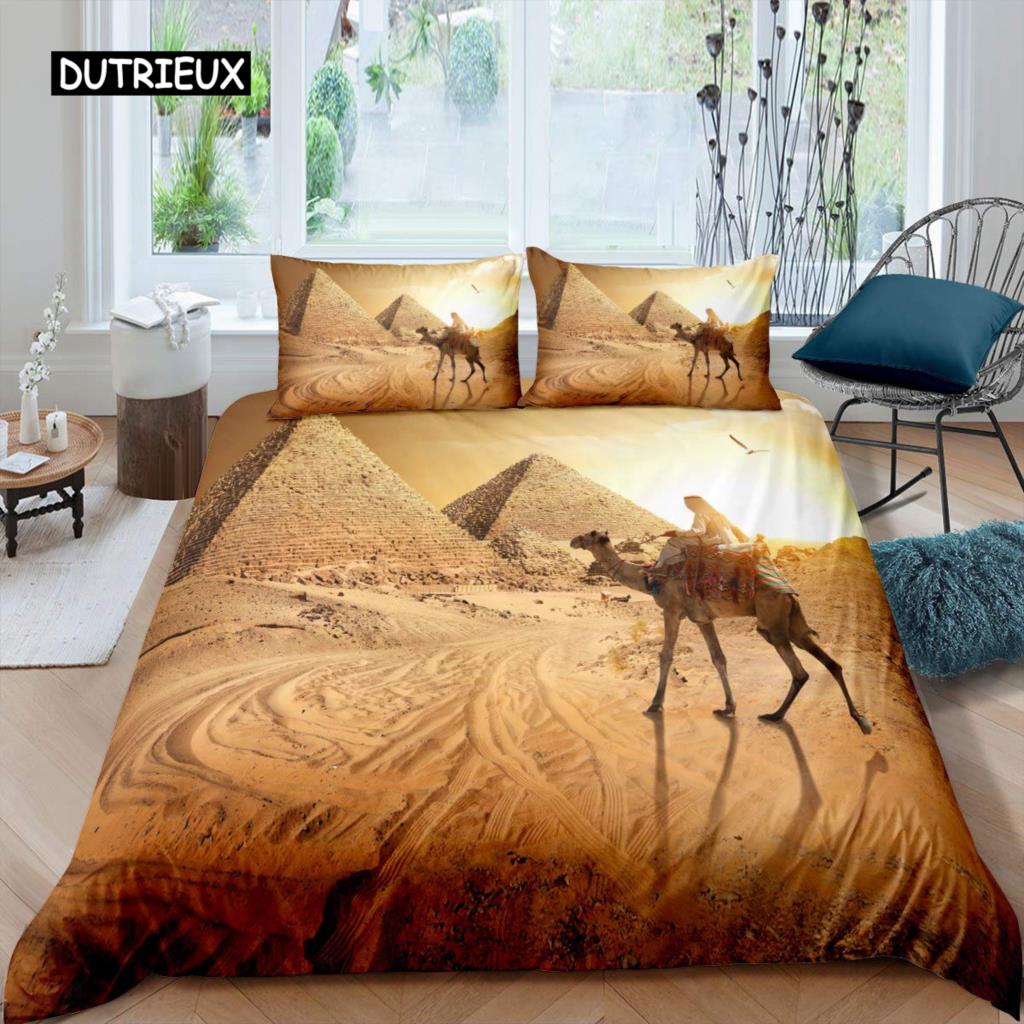 Set Copripiumino Piramide King Africano Antico Egizio Piramide Vintage Set Biancheria da Letto Poliestere Cammello Scena del Deserto Egitto Copripiumino