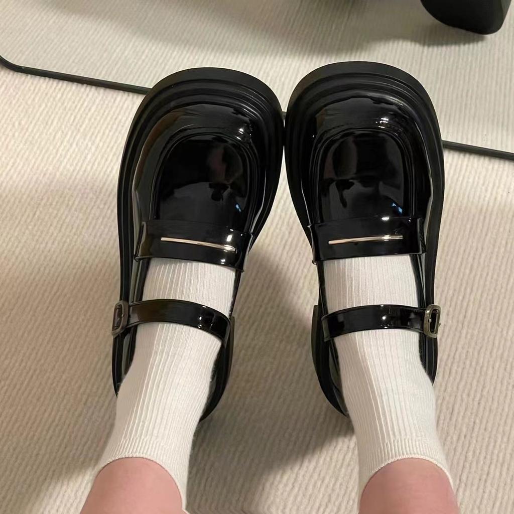 2025 summer thin thick-soled black patent leather Mary Jane small leather shoes women's retro college style versatile single shoes with skirt