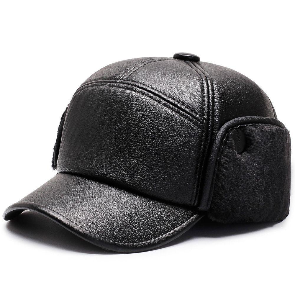 Winter Leather Cap with Ear Flaps Plush Lined Thermal Warm Windproof Cold Weather Baseball Hat for Men Women Outdoor Activities