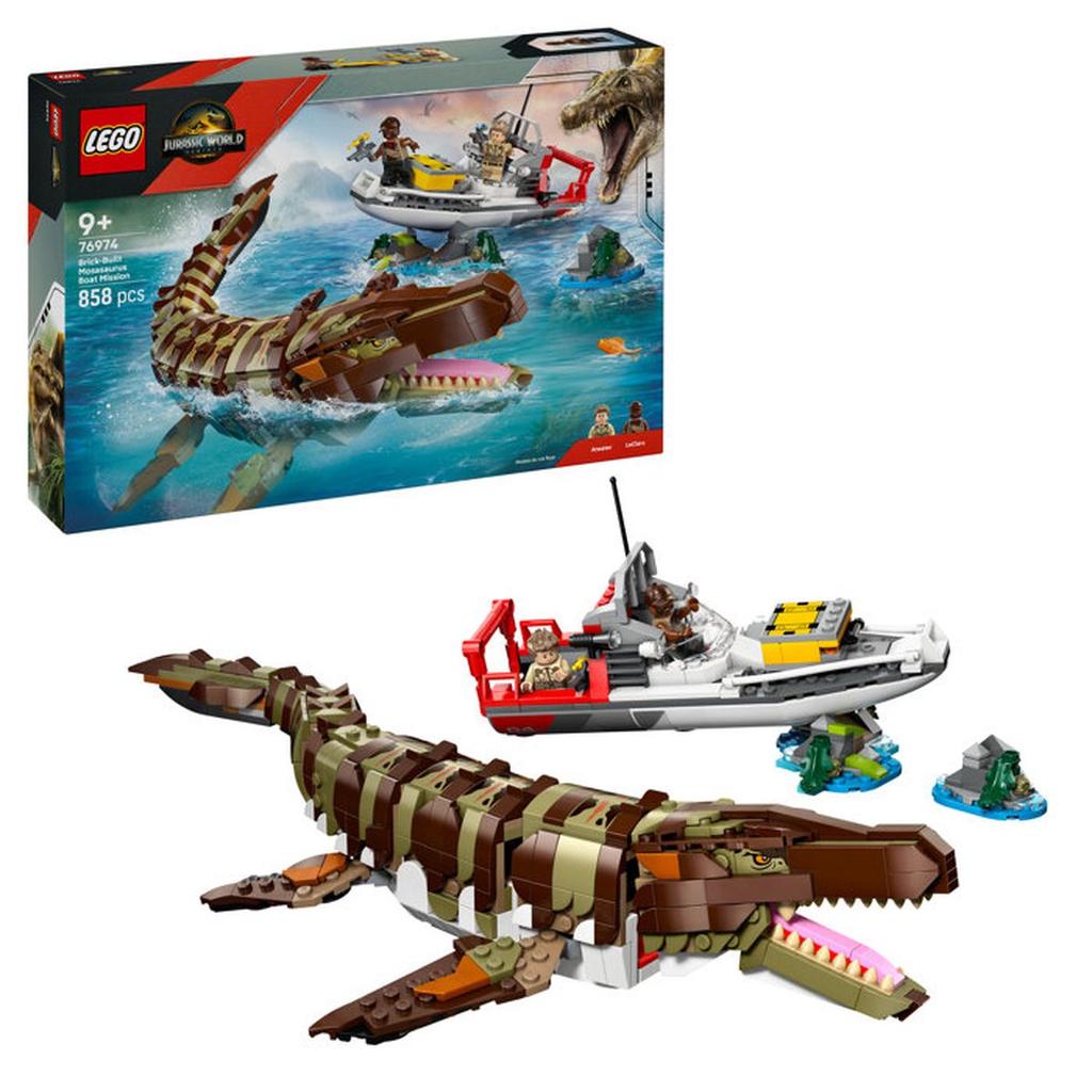 LEGO Jurassic World - Le Bateau en Mission et le Mosasaure en Briques - Set de Dinosaure - Jouet Enfants des 9 ans