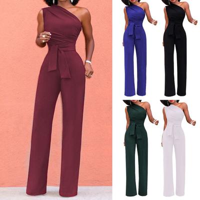 Banquet Romper One Shoulder Close-fitting Sexy Breathable Firm Stitching Solid Color with Belt Slim Fit Sleeveless Prom Jumpsuit Daily Clothes