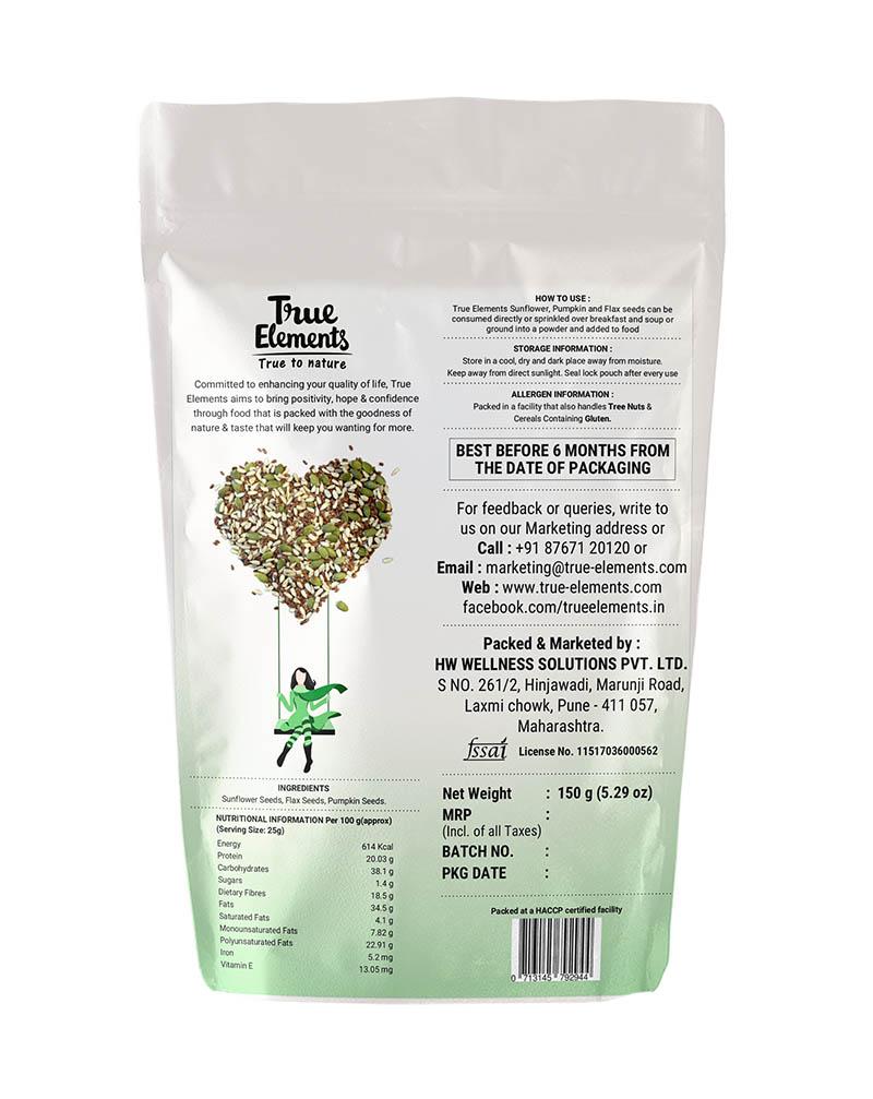 Raw Sunflower, Pumpkin and Flax Seeds (150 G), Sunflower Pumpkin And Flax Raw Seeds, True Elements