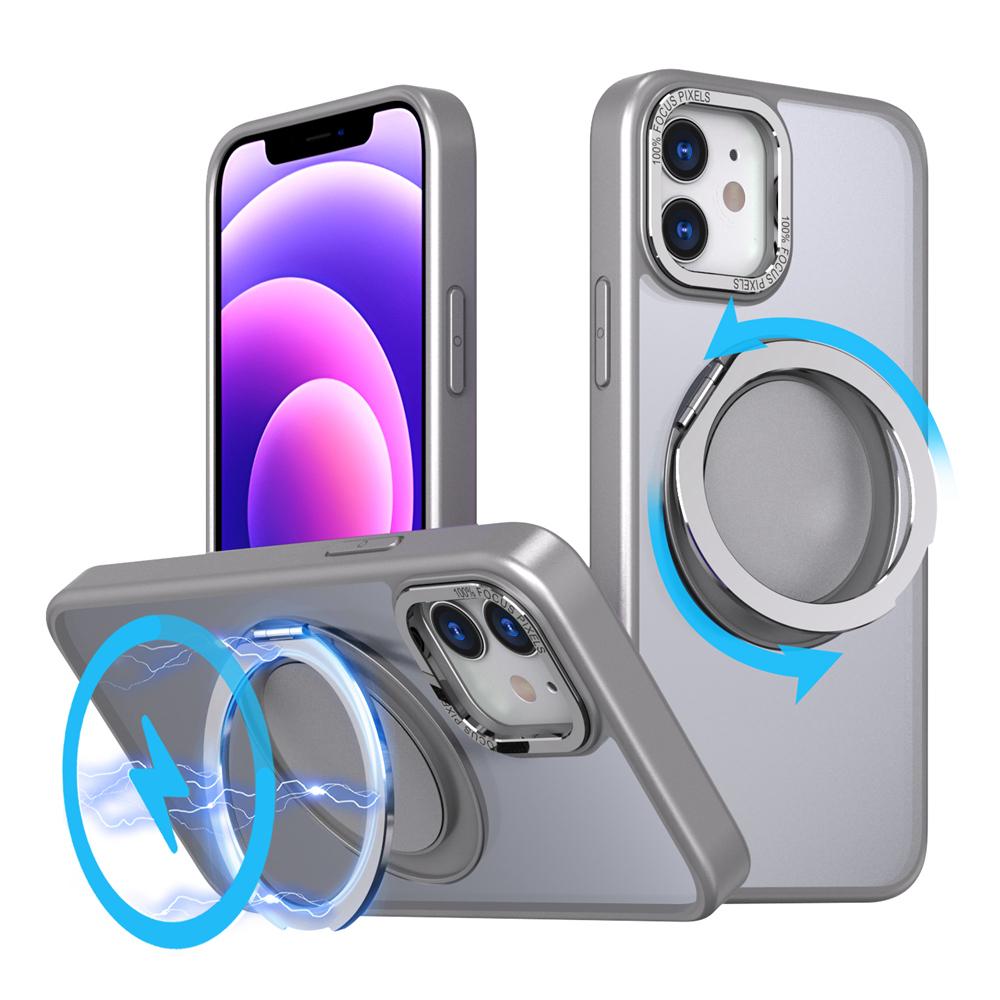 

KEYSION противоударный матовый чехол MagSafe для iPhone 11 12 Pro Max вращающийся на 360 ° магнитный держатель с кольцом прозрачный чехол для телефона for iPhone 12 серый