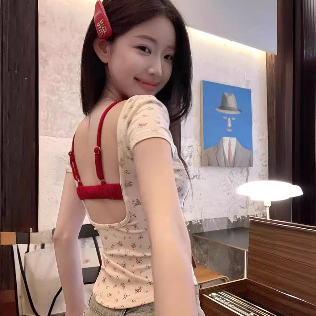 Design Sense with Chest Pad Pure Desire Fake Two Pieces Floral Short Sleeves Women's Summer Sexy Backless Slim Beautiful Short Top