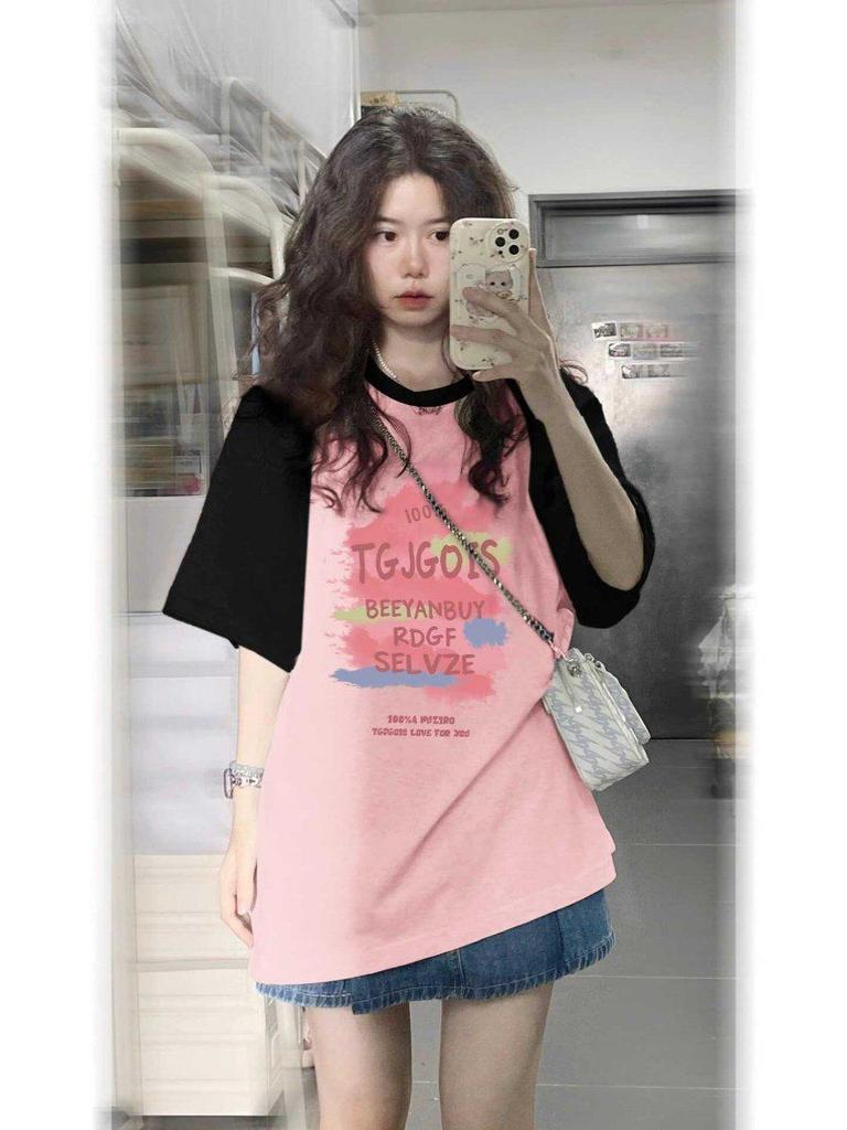 Women's Plus Size Color-Blocked Retro Cotton Short-Sleeve T-Shirt - Black/Pink