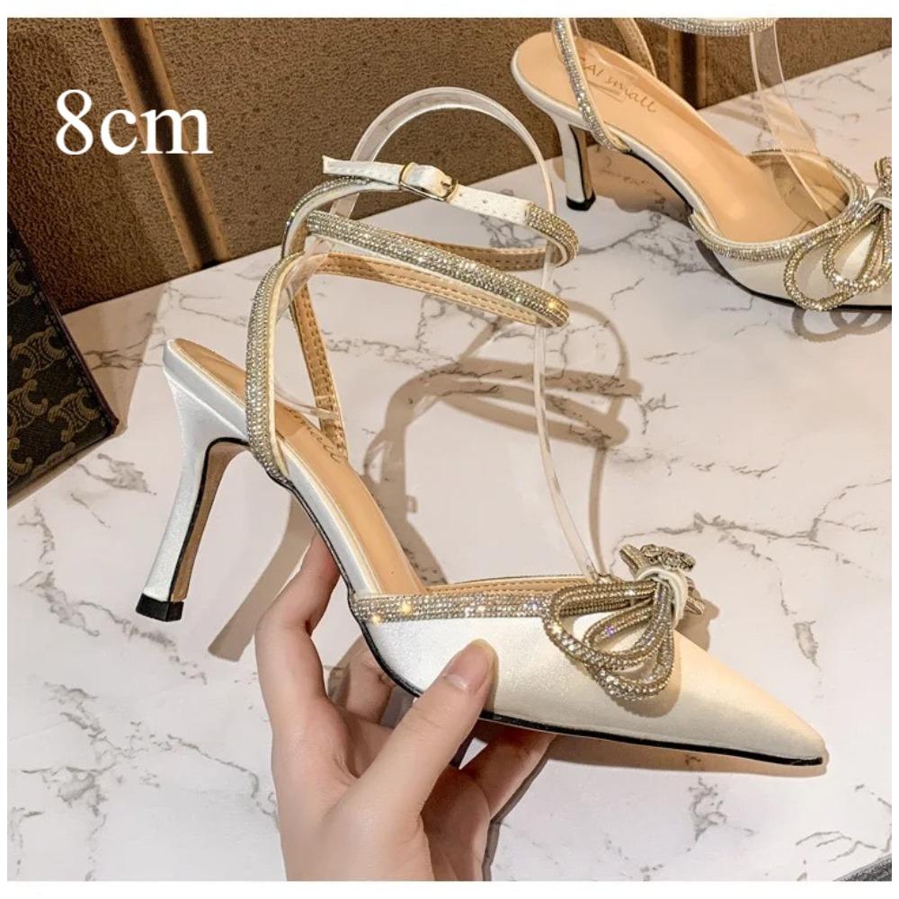 Summer Rhinestone Thin Heel Bag Head Sandals Women s One-word Strap Strap Bow High Heels 35