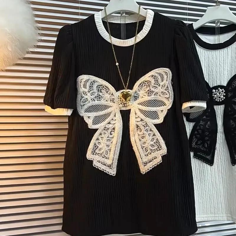 Women Summer Patchwork Lace Sweet Bow T Shirts Short Sleeve O-neck Tees