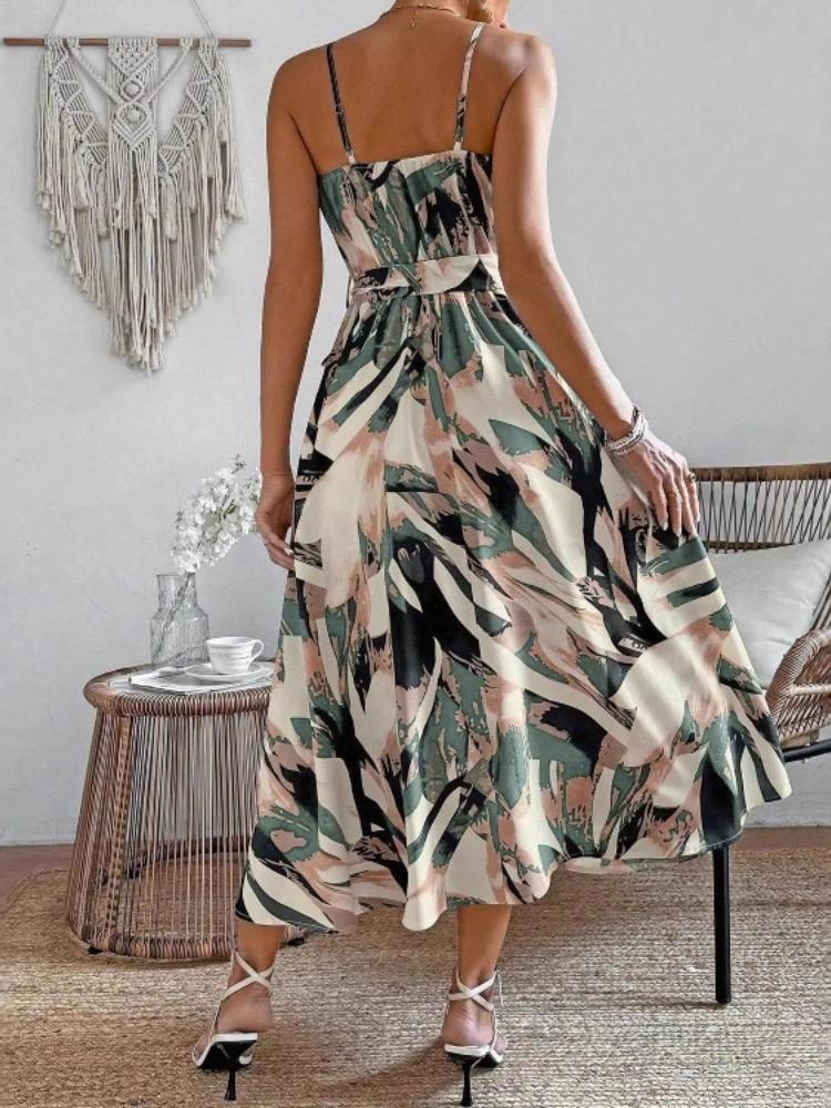 Women Abstract Leaf Print Midi Sundress Spaghetti Strap V Neck A Line Dress with Self Tie Waist Belt Back Adjustable Straps Summer for Beach Vacation