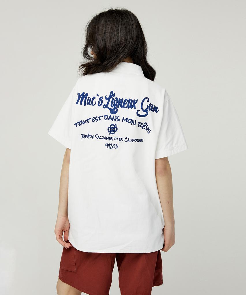 MAGOODGAN Labor 2905 Yellow Chain Embroidery Oversized Navy Short Sleeve Shirt