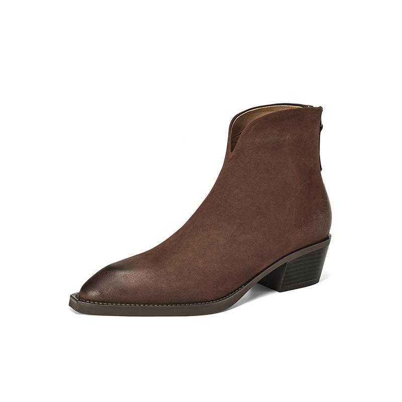 Fashion NEW Autumn/Winter Women Boots Pointed Toe Chunky Heel Shoes Genuine Leather Shoes for Women Casual Zip Ankle Boots Western Boots