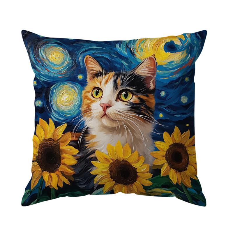 1Pc Cat And Sunflowers Oil Painting Cushion Covers Polyester Pillow Cover For Home Sofa Chair Bed Car Party Table Decoration