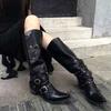 Fashion Wasteland Punk Style Gothic Black Vintage Motorcycles Boots for Women Pointy Toe Rivets Western Boot Shoes