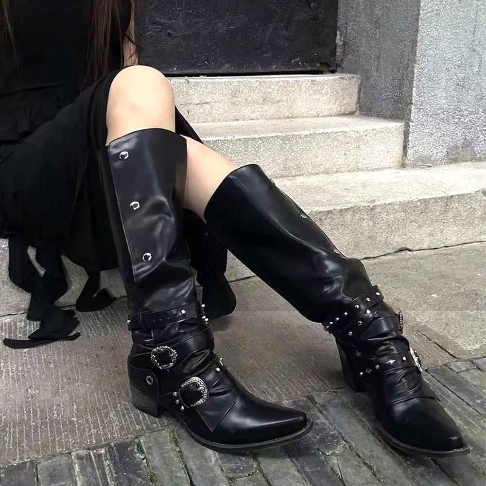 Fashion Wasteland Punk Style Gothic Black Vintage Motorcycles Boots for Women Pointy Toe Rivets Western Boot Shoes