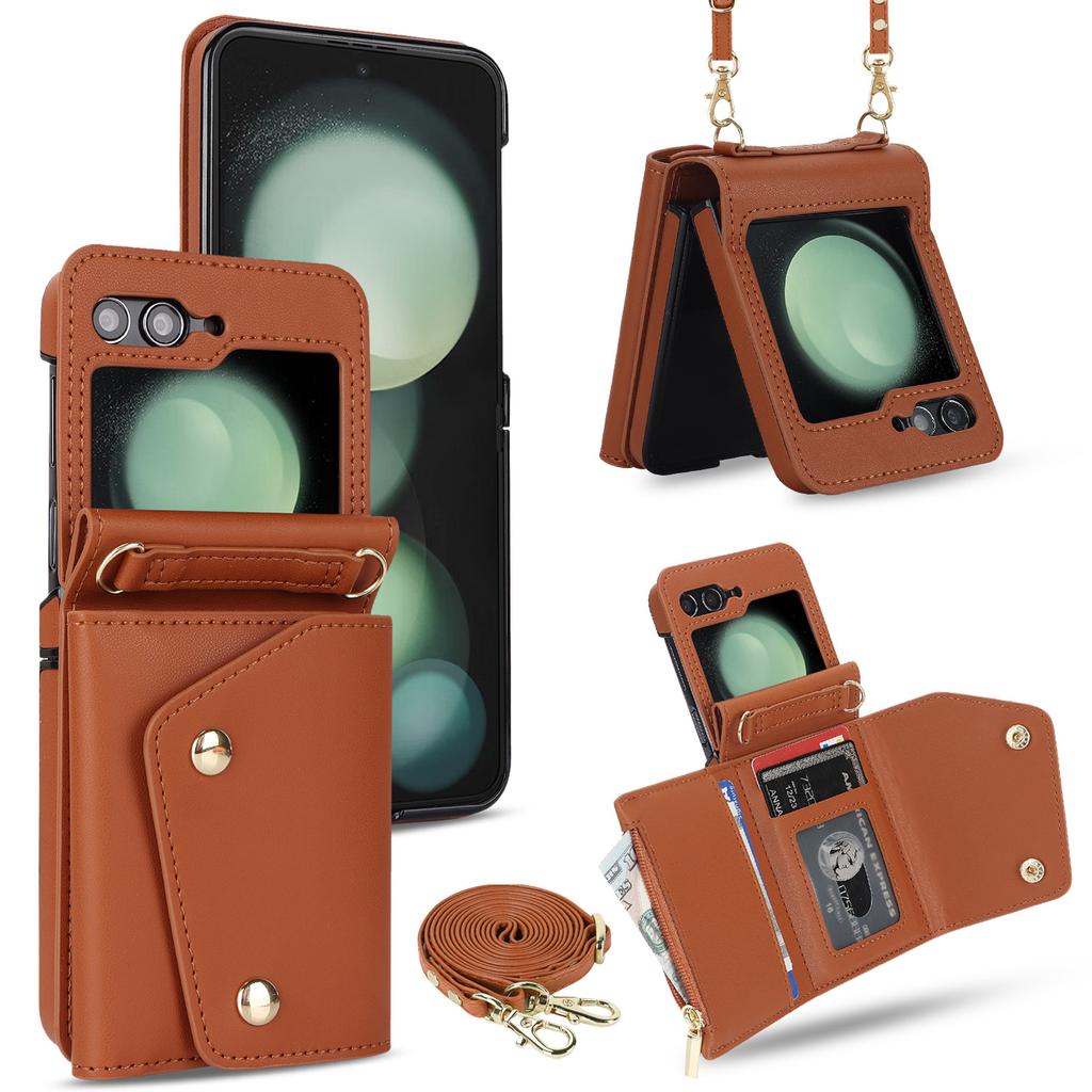 Applicable to Samsung Zflip5 double-buckle zipper messenger wallet case zflip4 niche multi-card all-inclusive anti-drop case in stock