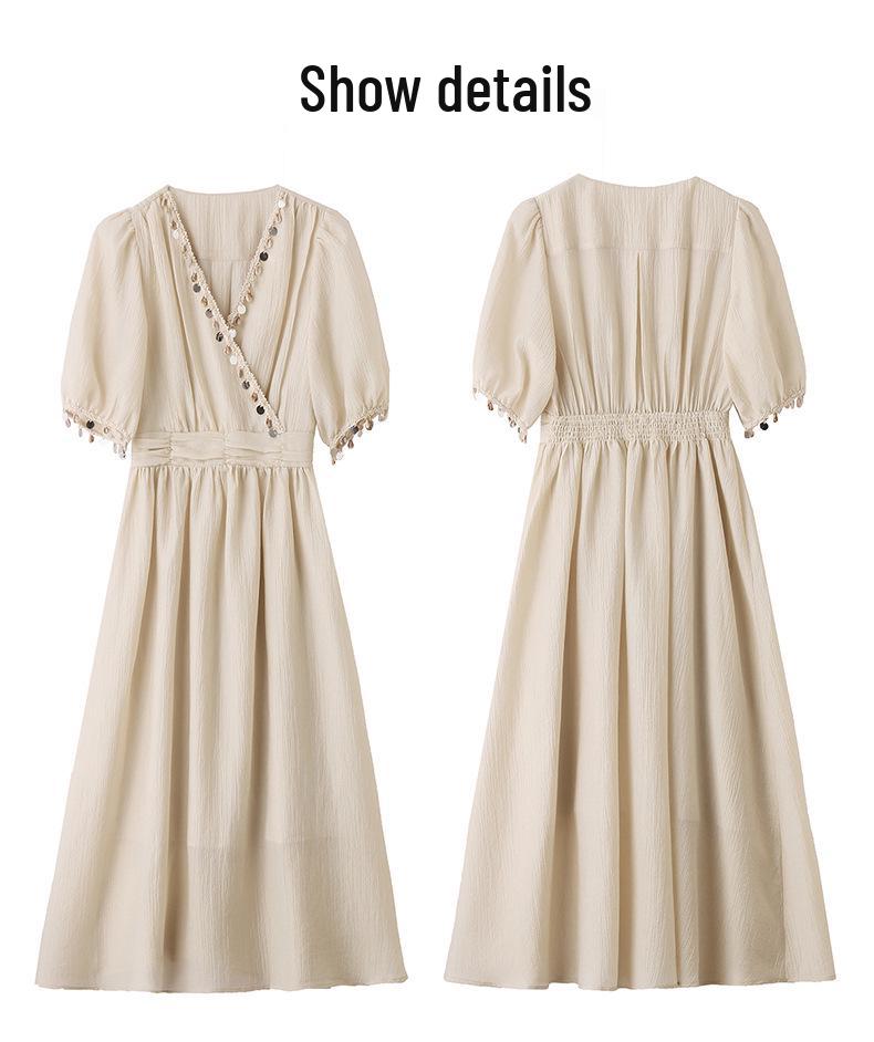 2025 Sommer Elegantes V-Ausschnitt A-Linien Kleid mit Einsätzen und hoher Taille ZQ2525