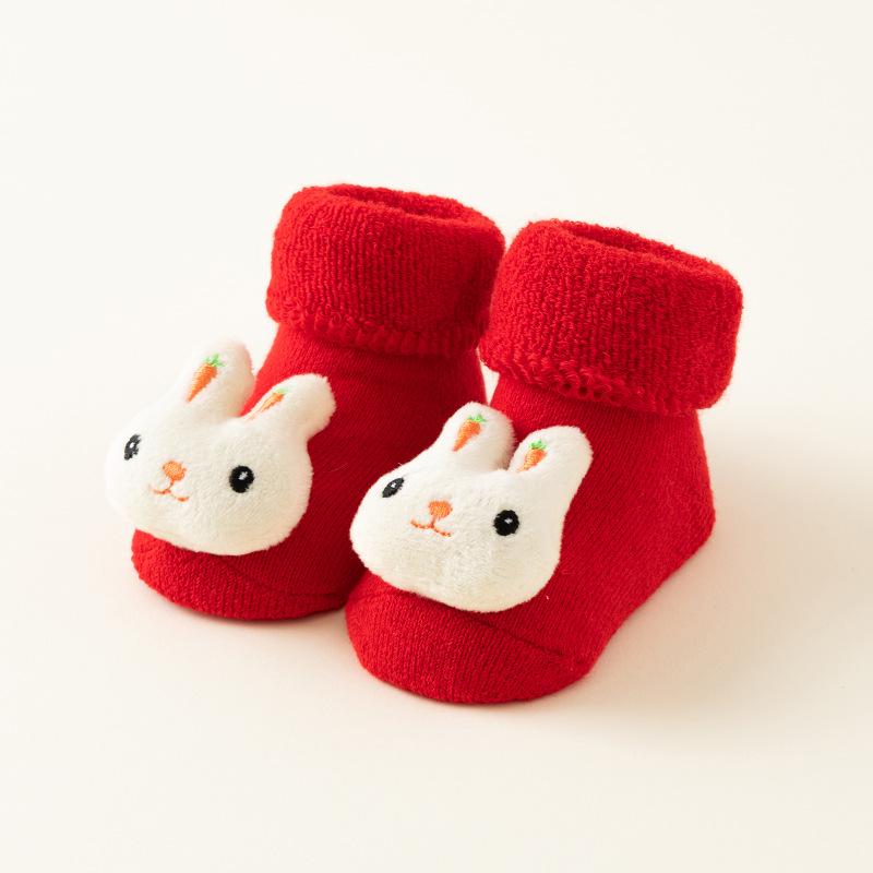 Newborn Red Non-slip Plush Socks for Autumn/Winter - Warm Terry Christmas Floor Socks for Babies and Toddlers.