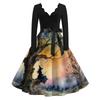 Women's Vintage Long Sleeve V-Neck Halloween Witch Print Party Dress
