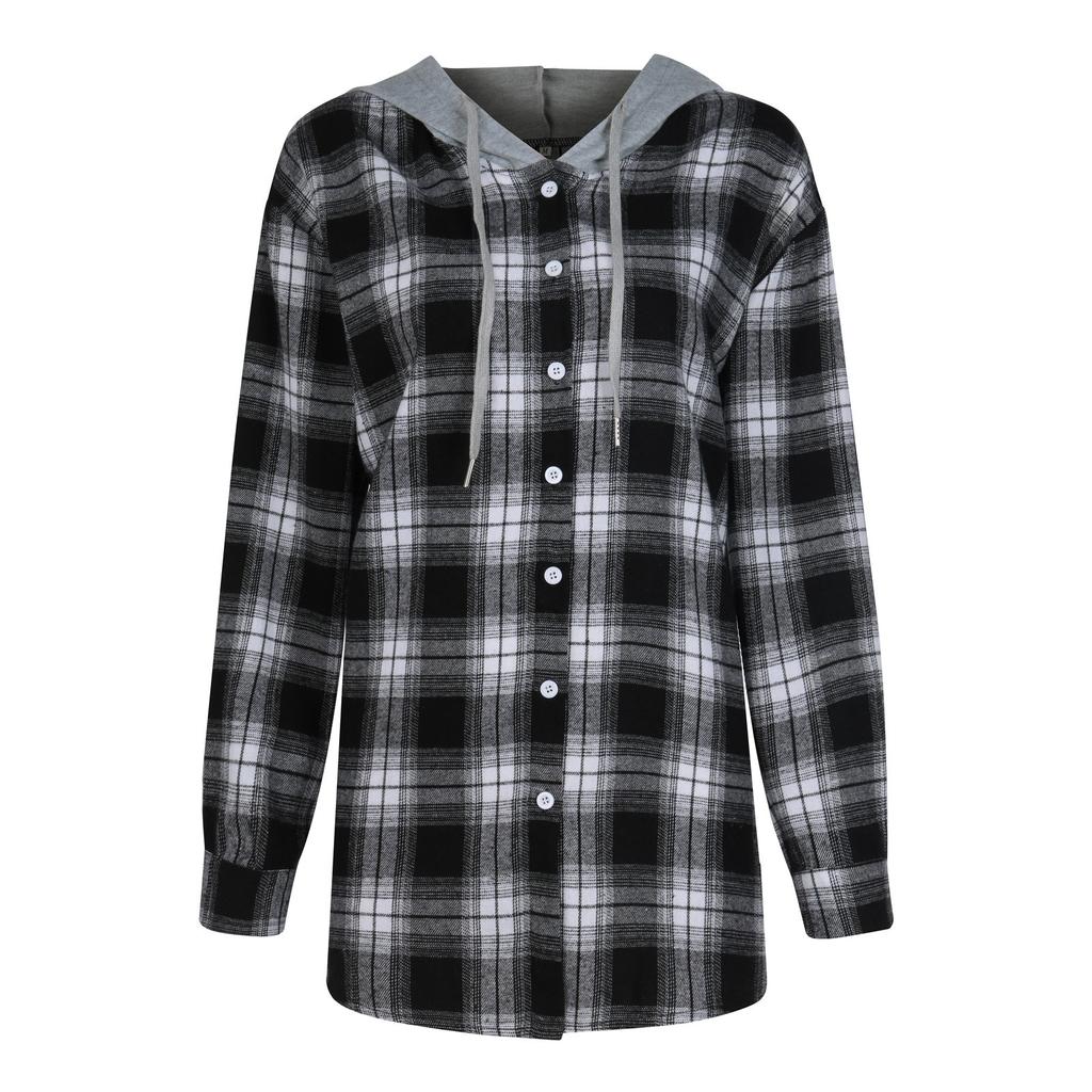 Fashion Women's Temperament Plaid Single-breasted Cardigan Hooded Long Sleeve Shirt