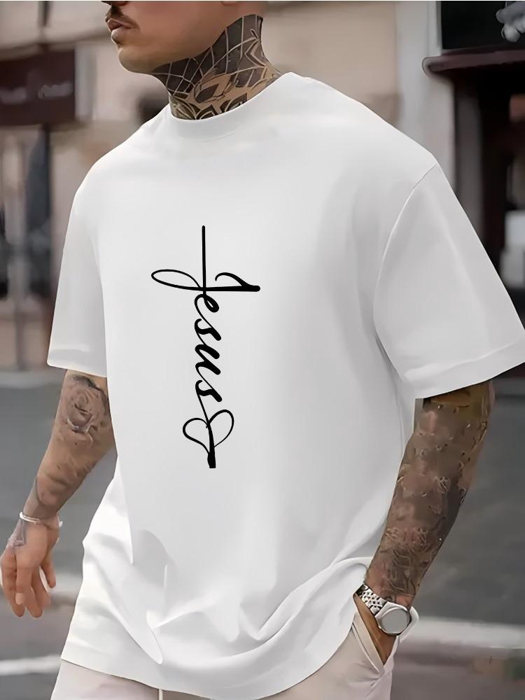 Unisex Jesus Cross Cursive Letter Graphic Crew Neck Short Sleeve Oversized Loose Casual Summer Streetwear Daily Basic Comfort Tee