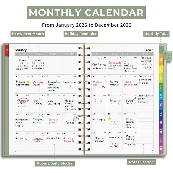 EMSHOI 2026 Planner Weekly and Monthly, Week on One Page with Notes, A5 (5.7"x8.3"), Jan-Dec 2026 Calendar Agenda with Monthly Tabs, Note Pages,