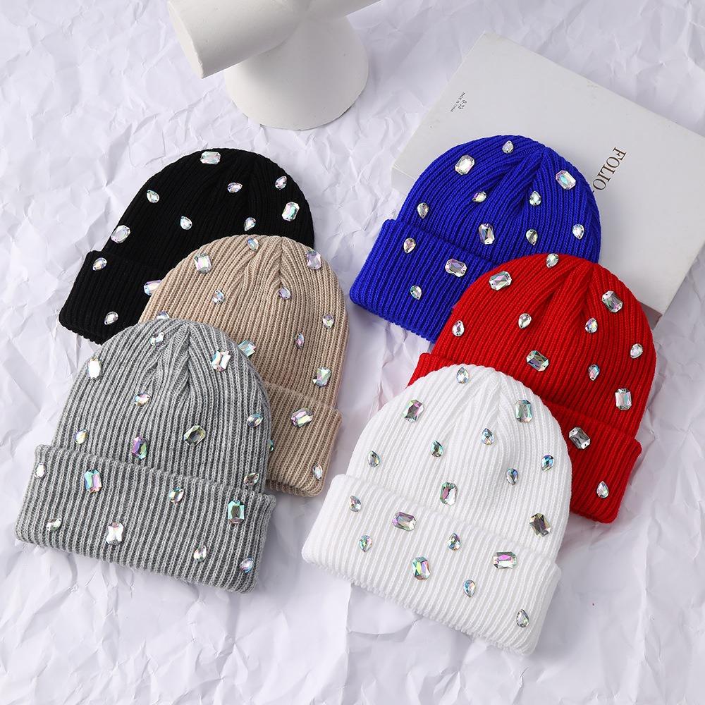 Rhinestone-embellished Pullover Knit Cap Solid Color Skull Cap Rhinestone-adorned Hat Winter