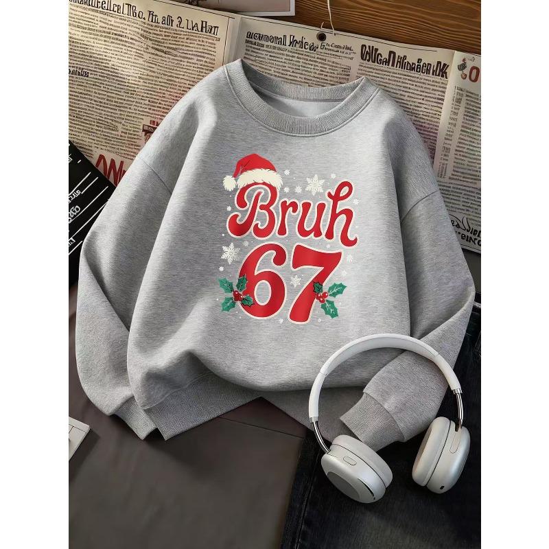 European Sizes Kids' Crew Neck Sweatshirt | Christmas Theme with Trendy Letter and Number Snowflake Pattern, with Slight Stretch Fabric