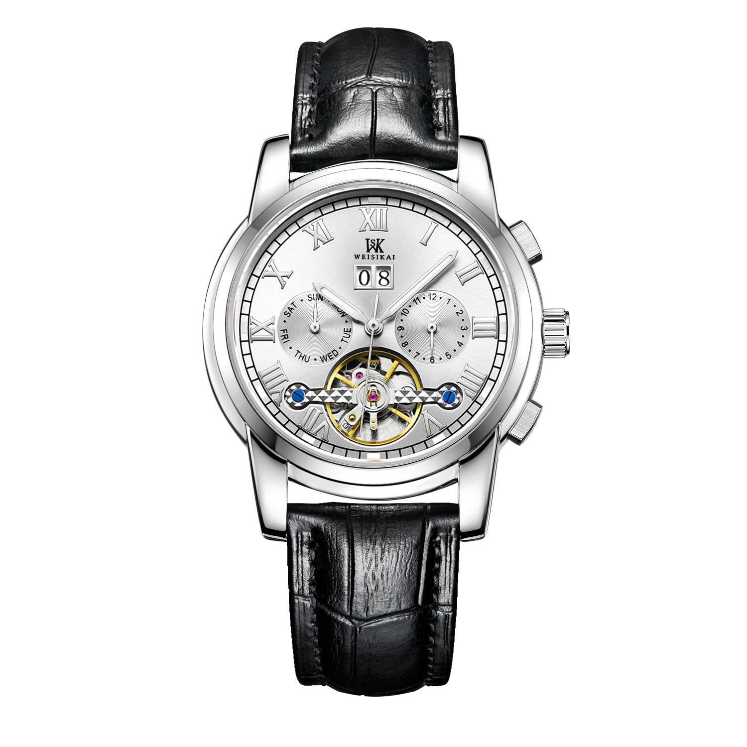 

WEISIKAI 6009 Мужские часы Новые роскошные мужские часы высшего бренда с коробкой Кожаный ремень Водонепроницаемые светящиеся календари Автоматические мужские механические часы белый